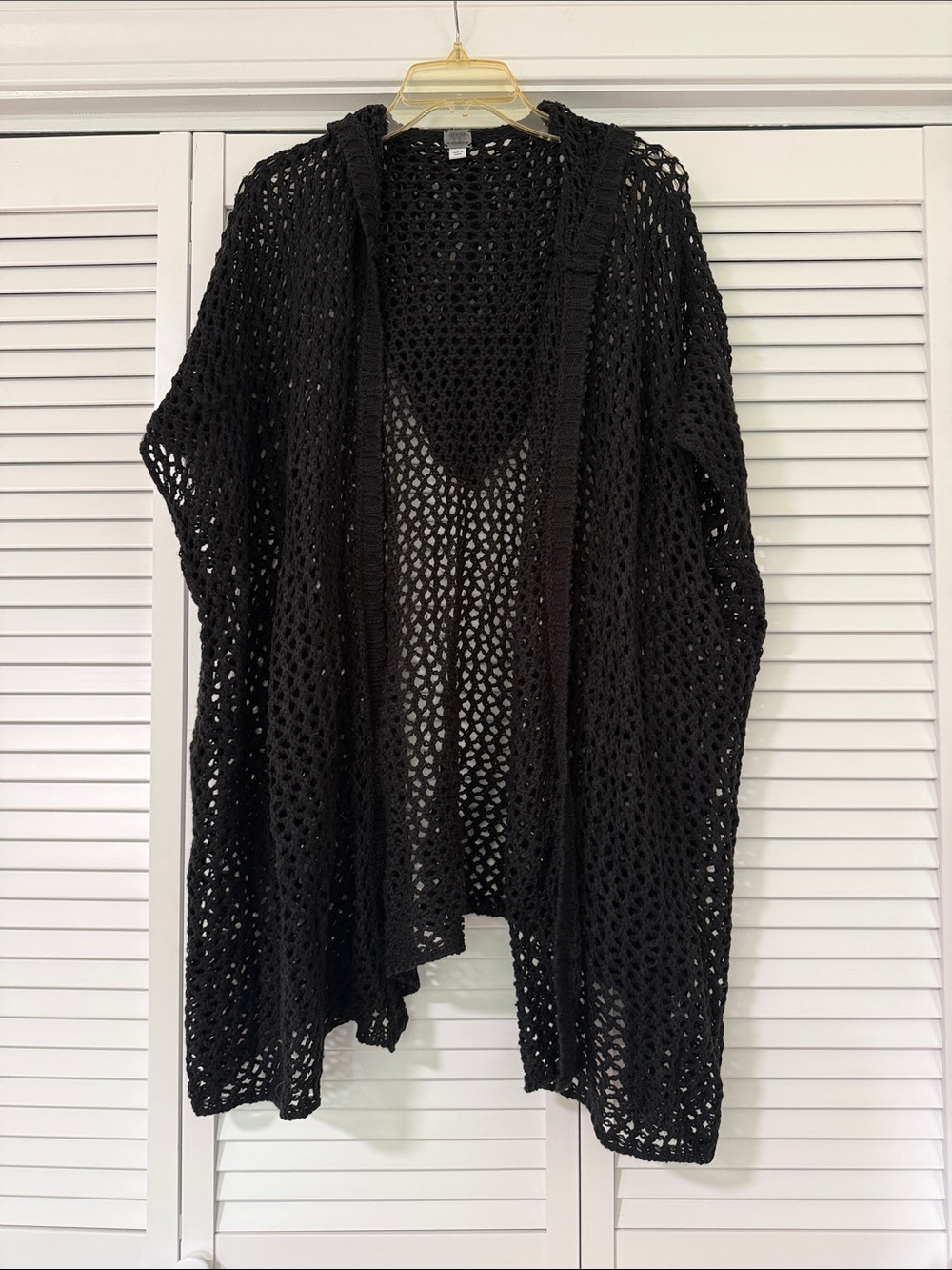 Poof! Black Open-Weave Hooded Cardigan